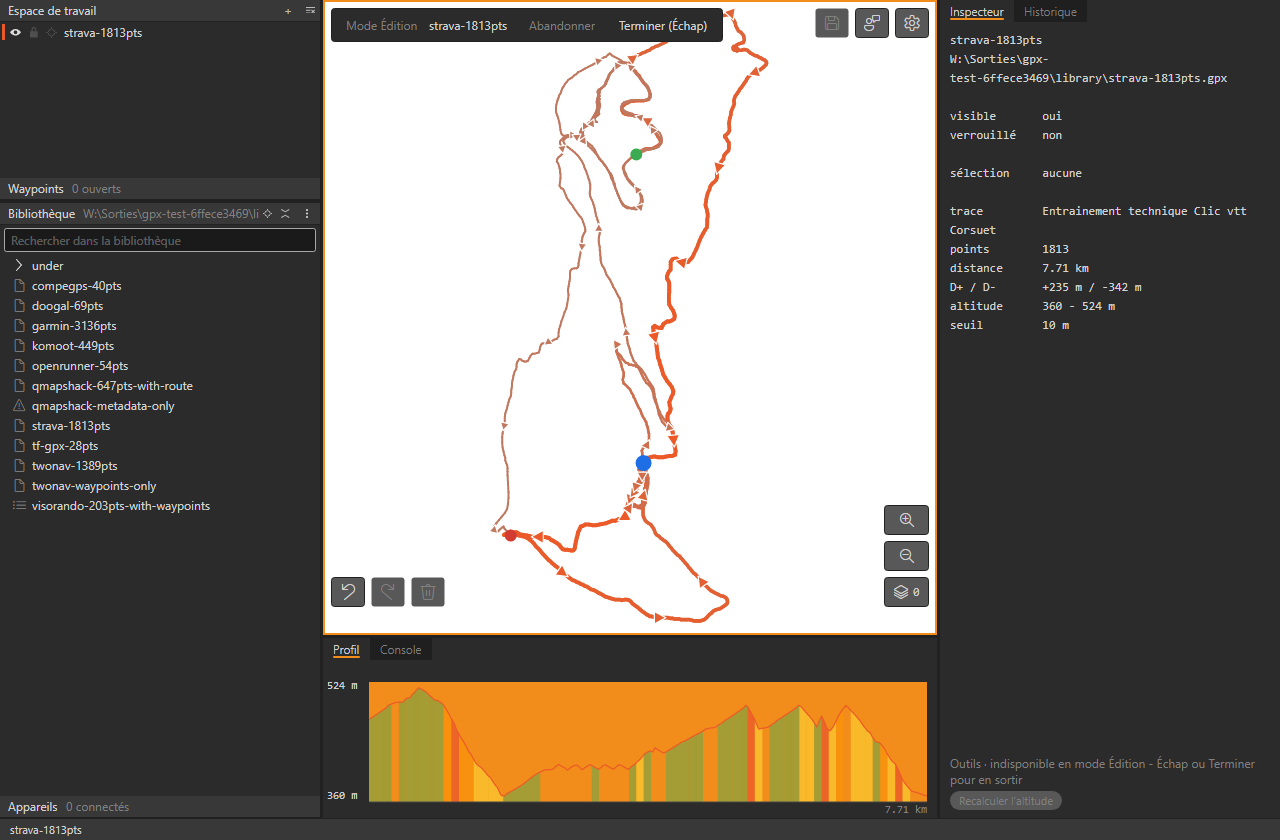 Une trace en mode Édition, estompée loin du curseur